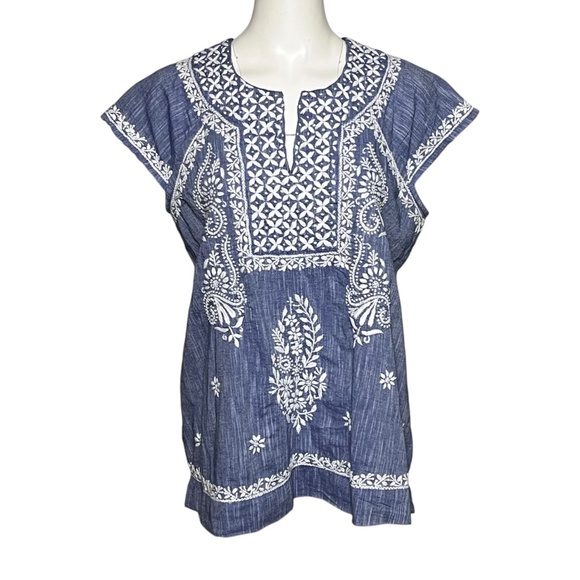 Roberta Roller Rabbit Women XL Blue Chambray Tunic Top Embroidered Shirt Popover - Picture 9 of 9